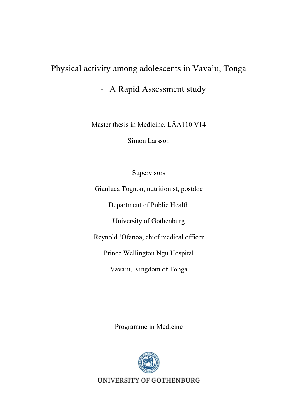 Physical Activity Among Adolescents in Vava'u, Tonga