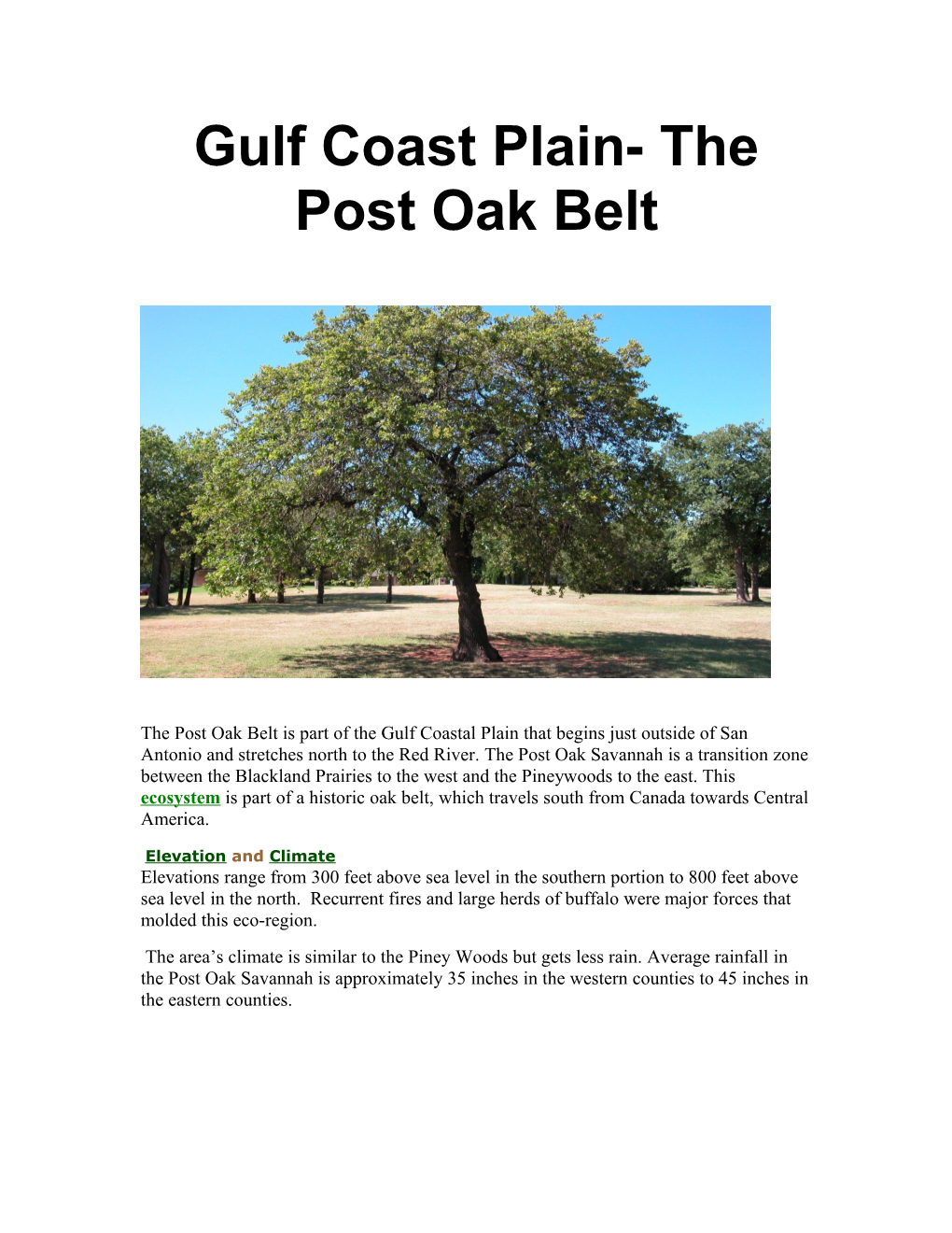 Gulf Coast Plain- the Post Oak Belt