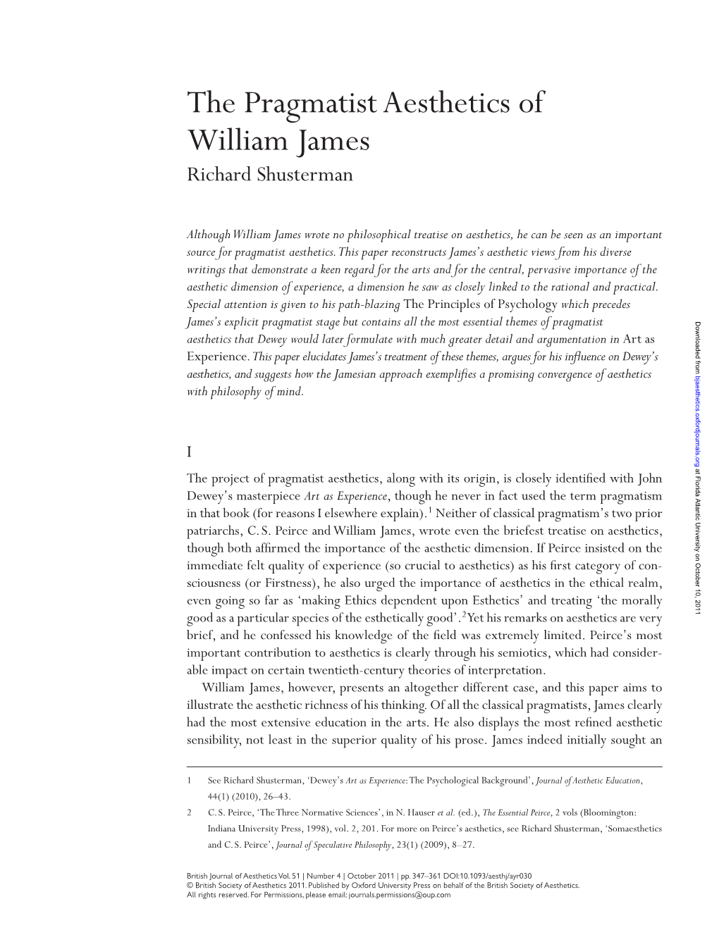 The Pragmatist Aesthetics of William James Richard Shusterman