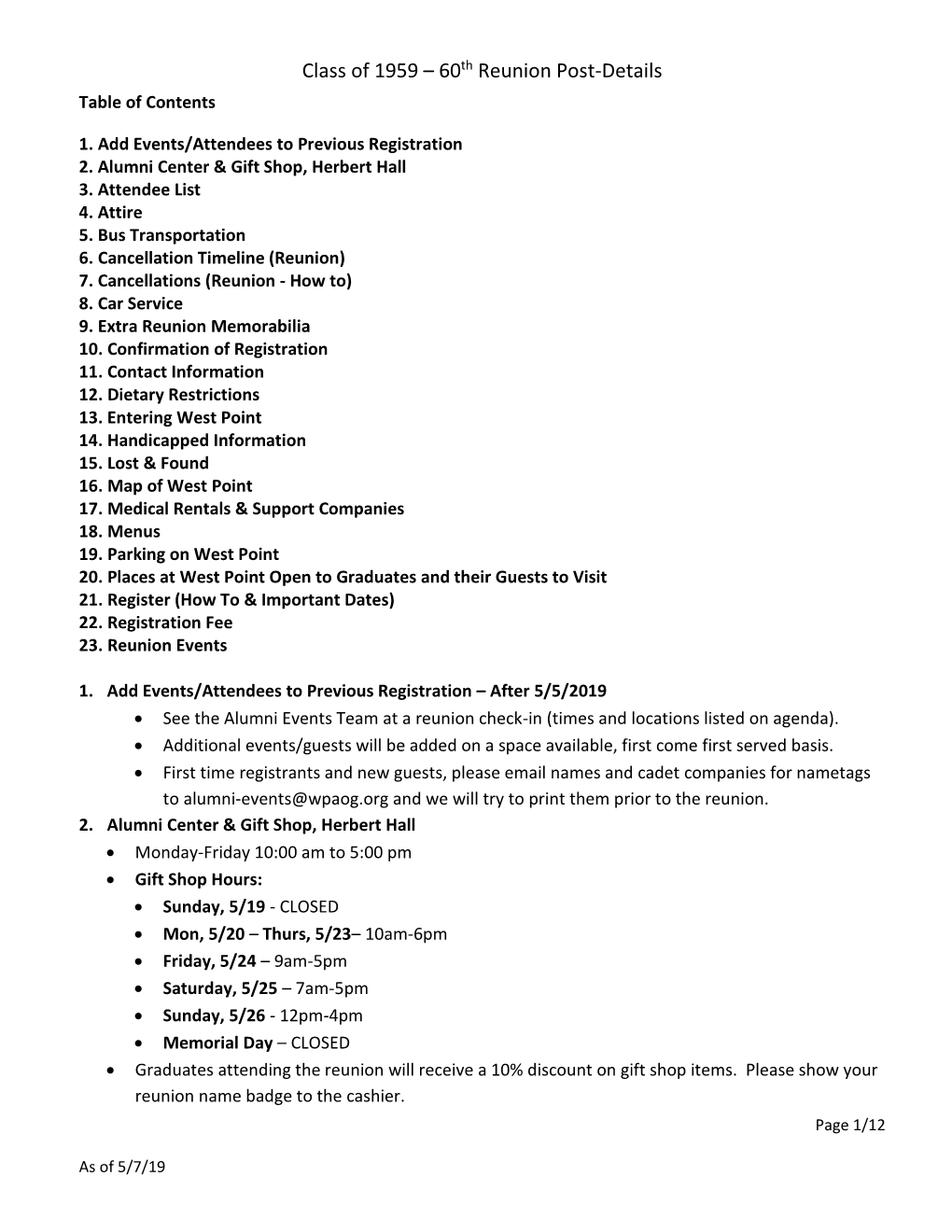 60Th Reunion Post-Details Table of Contents