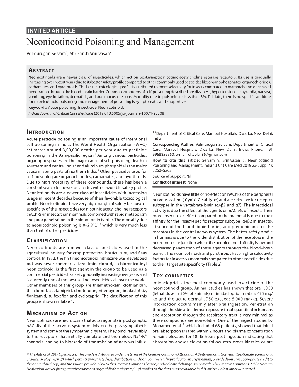 Neonicotinoid Poisoning and Management Velmurugan Selvam1, Shrikanth Srinivasan2