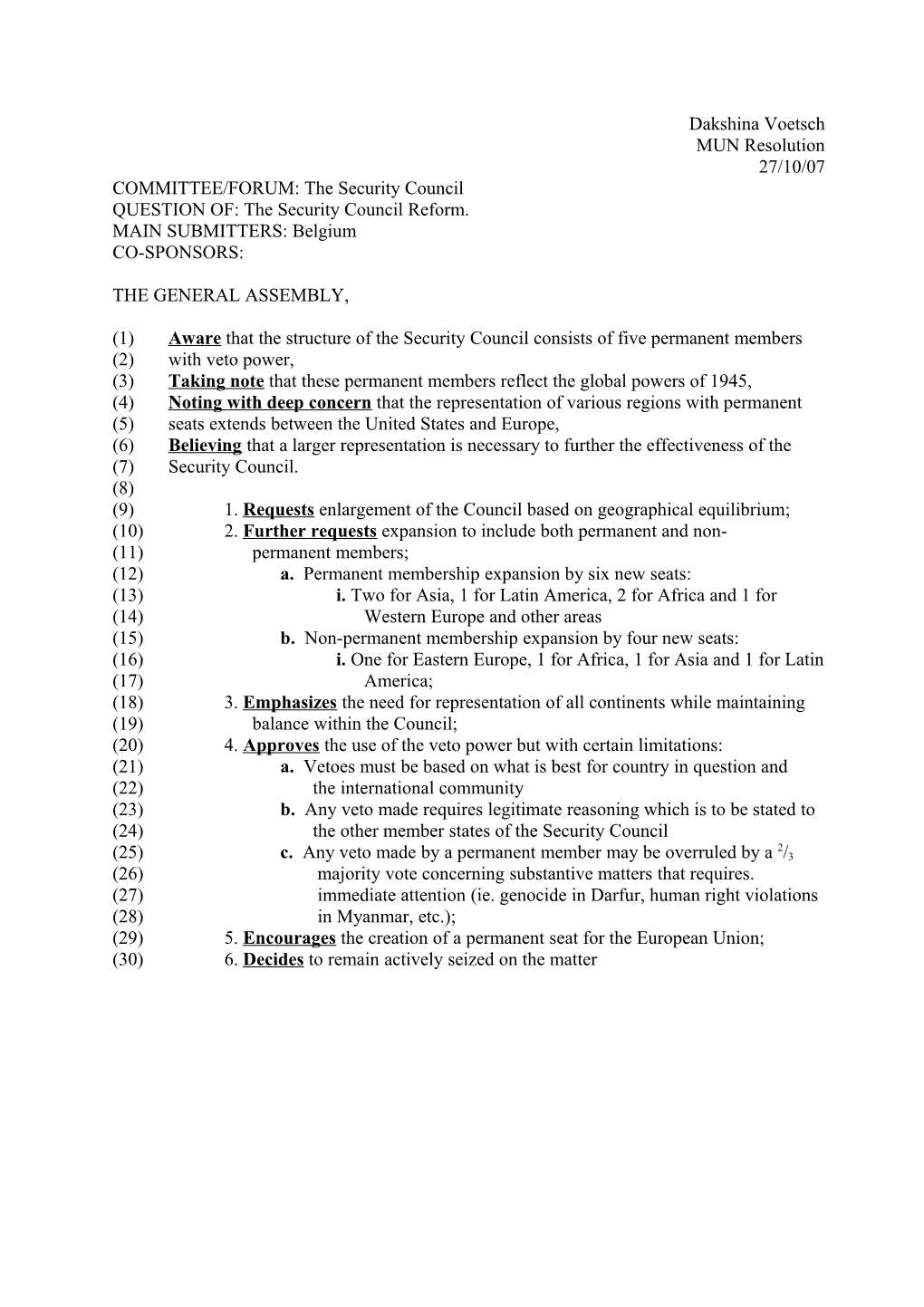 COMMITTEE/FORUM: the Security Council