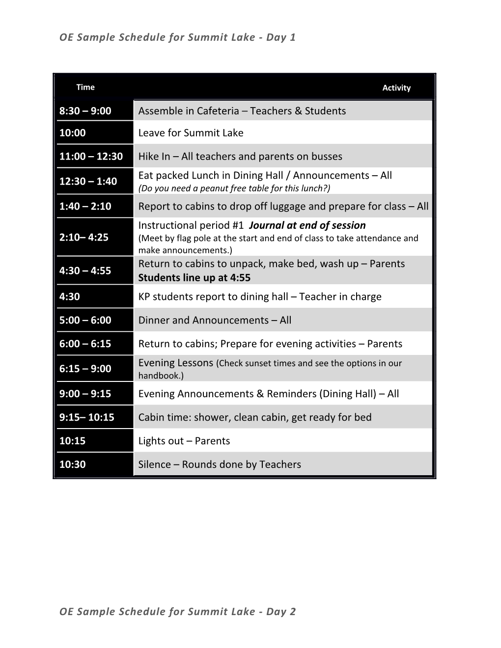 OE Sample Schedule for Summit Lake - Day 1