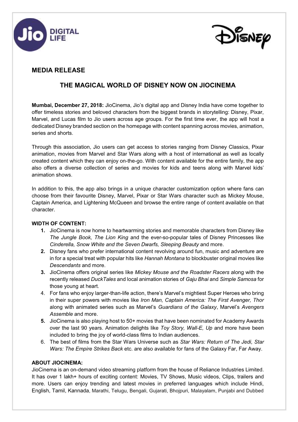 Media Release the Magical World of Disney Now On