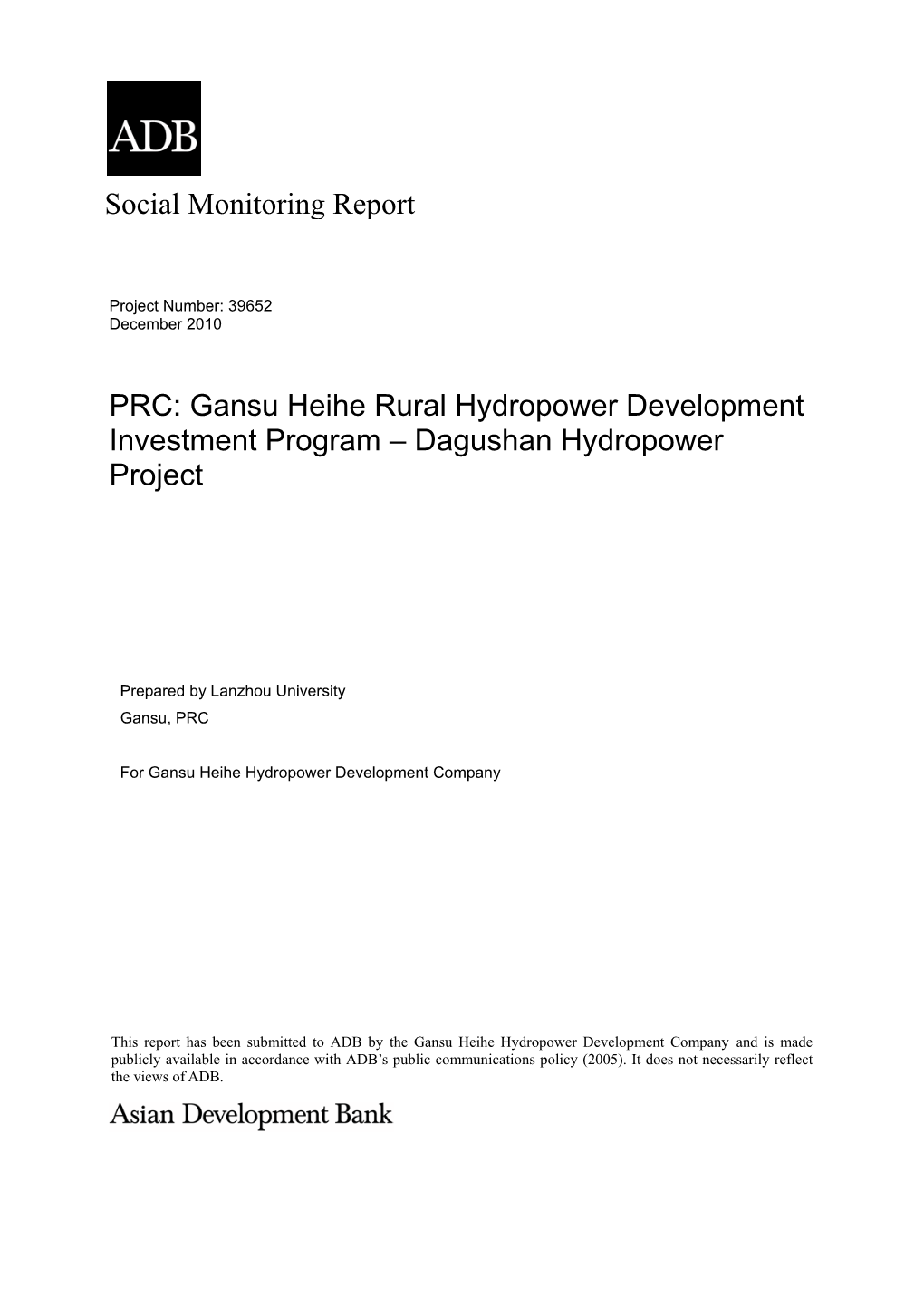 Gansu Heihe Rural Hydropower Development Investment Program – Dagushan Hydropower Project