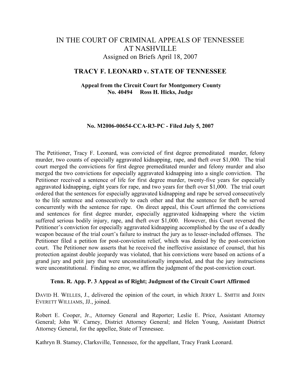 Assigned on Briefs April 18, 2007 TRACY F. LEONARD V. STATE OF