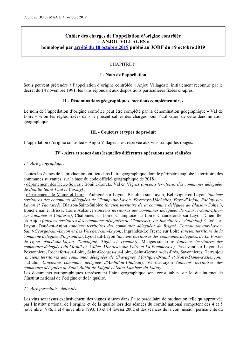 ANJOU VILLAGES » Homologué Par Arrêté Du 10 Octobre 2019 Publié Au JORF Du 19 Octobre 2019