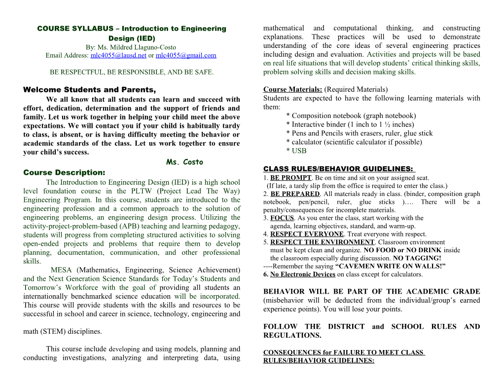 COURSE SYLLABUS Introduction to Engineering Design (IED)