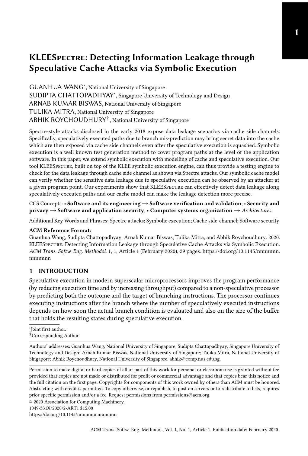 Kleespectre: Detecting Information Leakage Through Speculative Cache Attacks Via Symbolic Execution