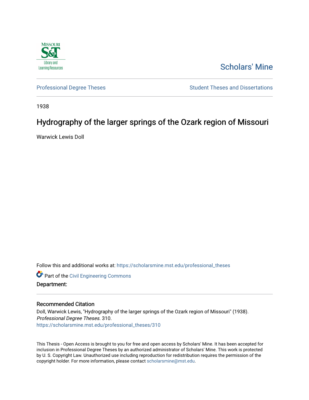 Hydrography of the Larger Springs of the Ozark Region of Missouri