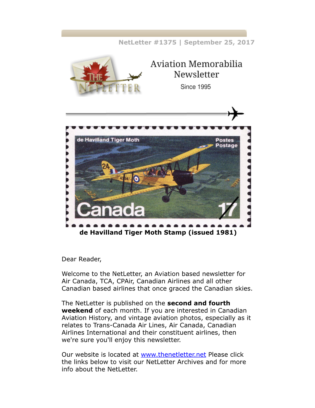 Netletter #1375 | September 25, 2017 De Havilland Tiger Moth Stamp
