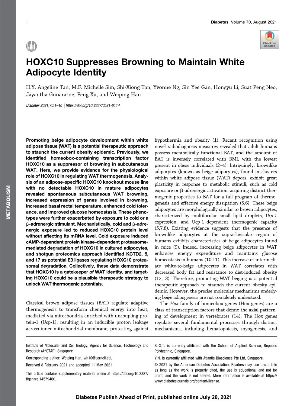 HOXC10 Suppresses Browning to Maintain White Adipocyte Identity