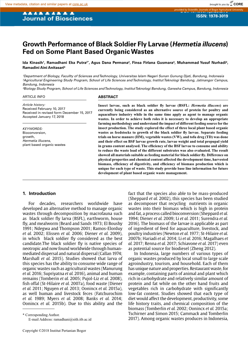 Growth Performance of Black Soldier Fly Larvae (Hermetia Illucens) Fed on Some Plant Based Organic Wastes