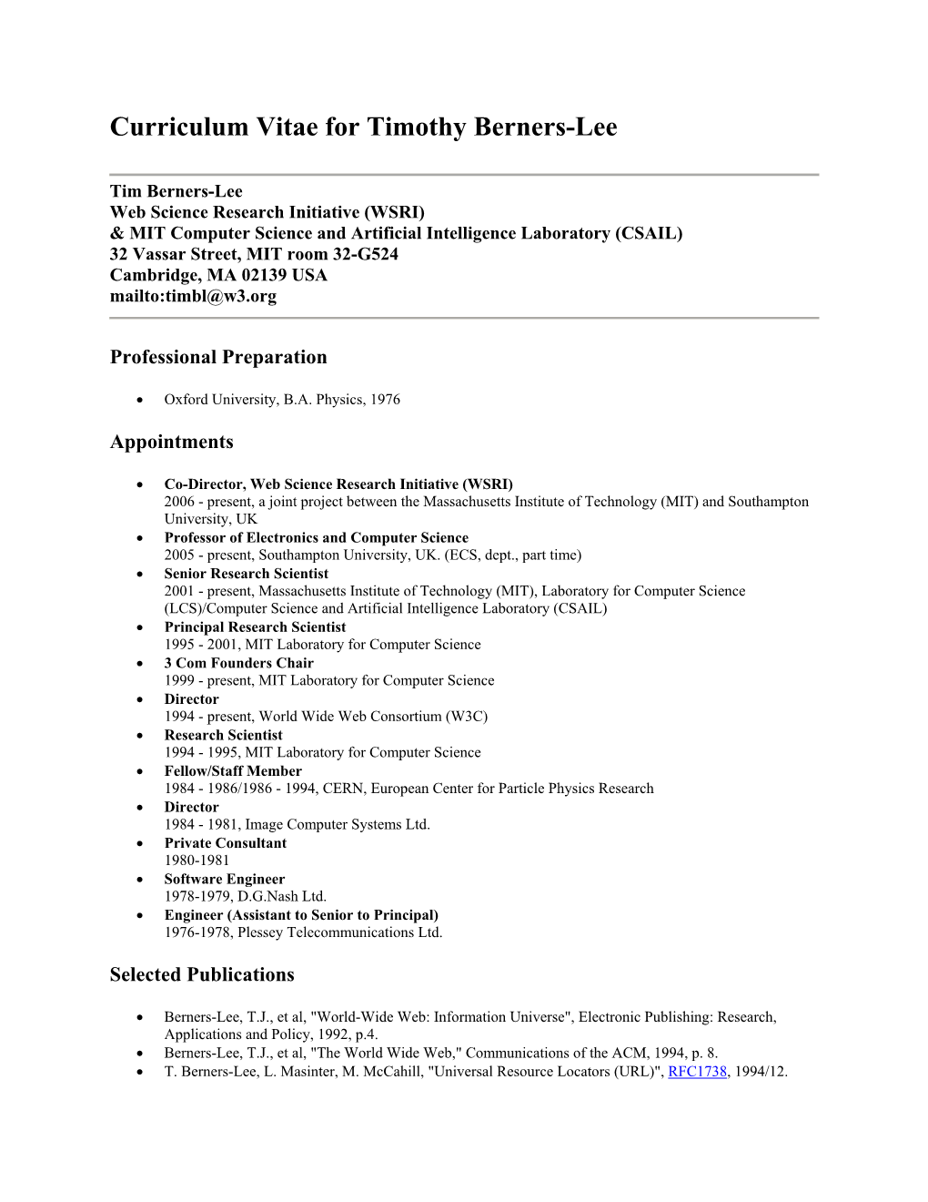Curriculum Vitae for Timothy Berners-Lee