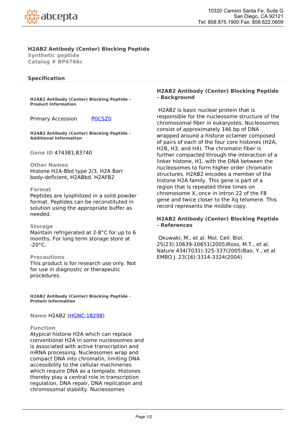 H2AB2 Antibody (Center) Blocking Peptide Synthetic Peptide Catalog # Bp4766c