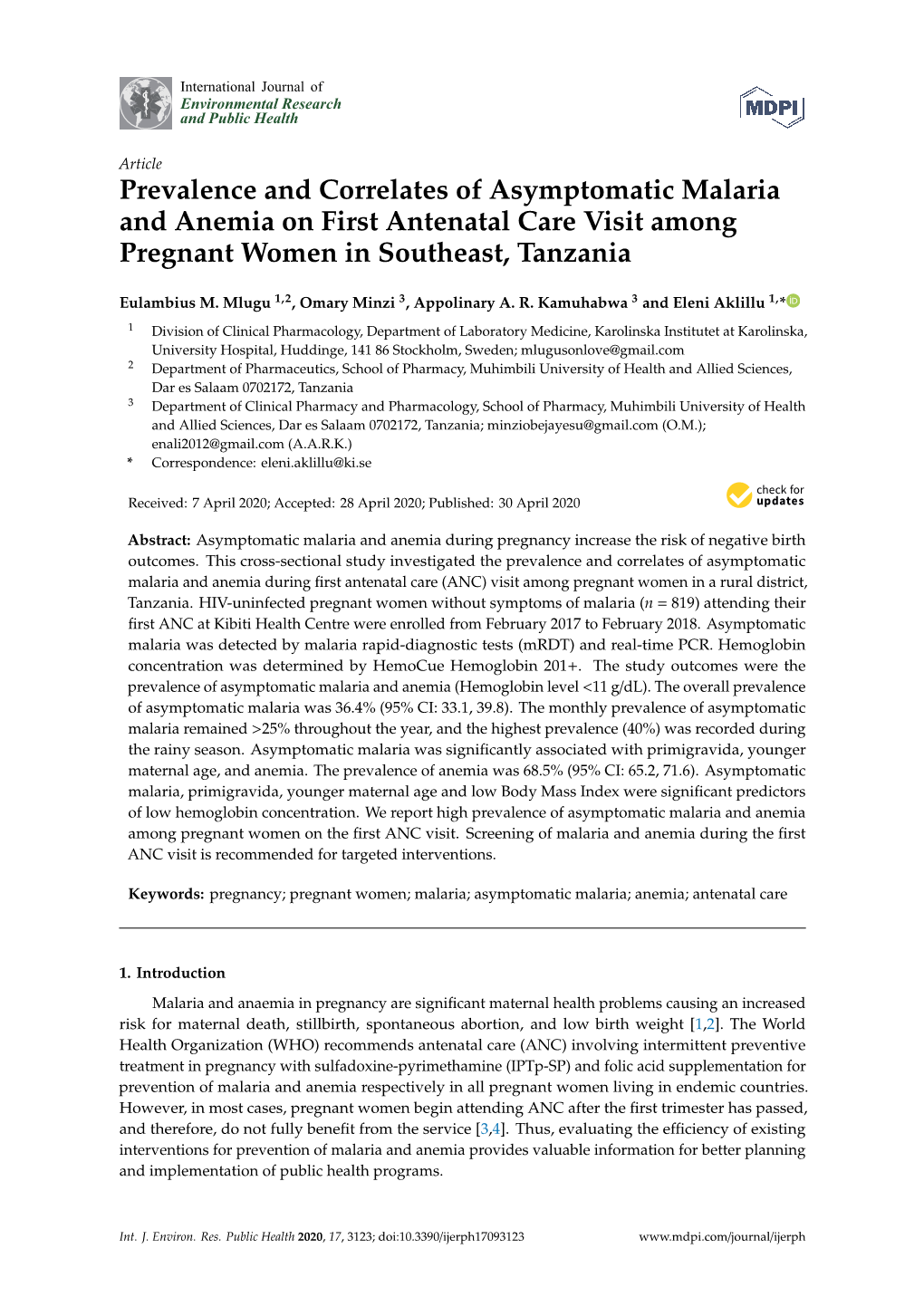 Prevalence and Correlates of Asymptomatic Malaria and Anemia on First Antenatal Care Visit Among Pregnant Women in Southeast, Tanzania