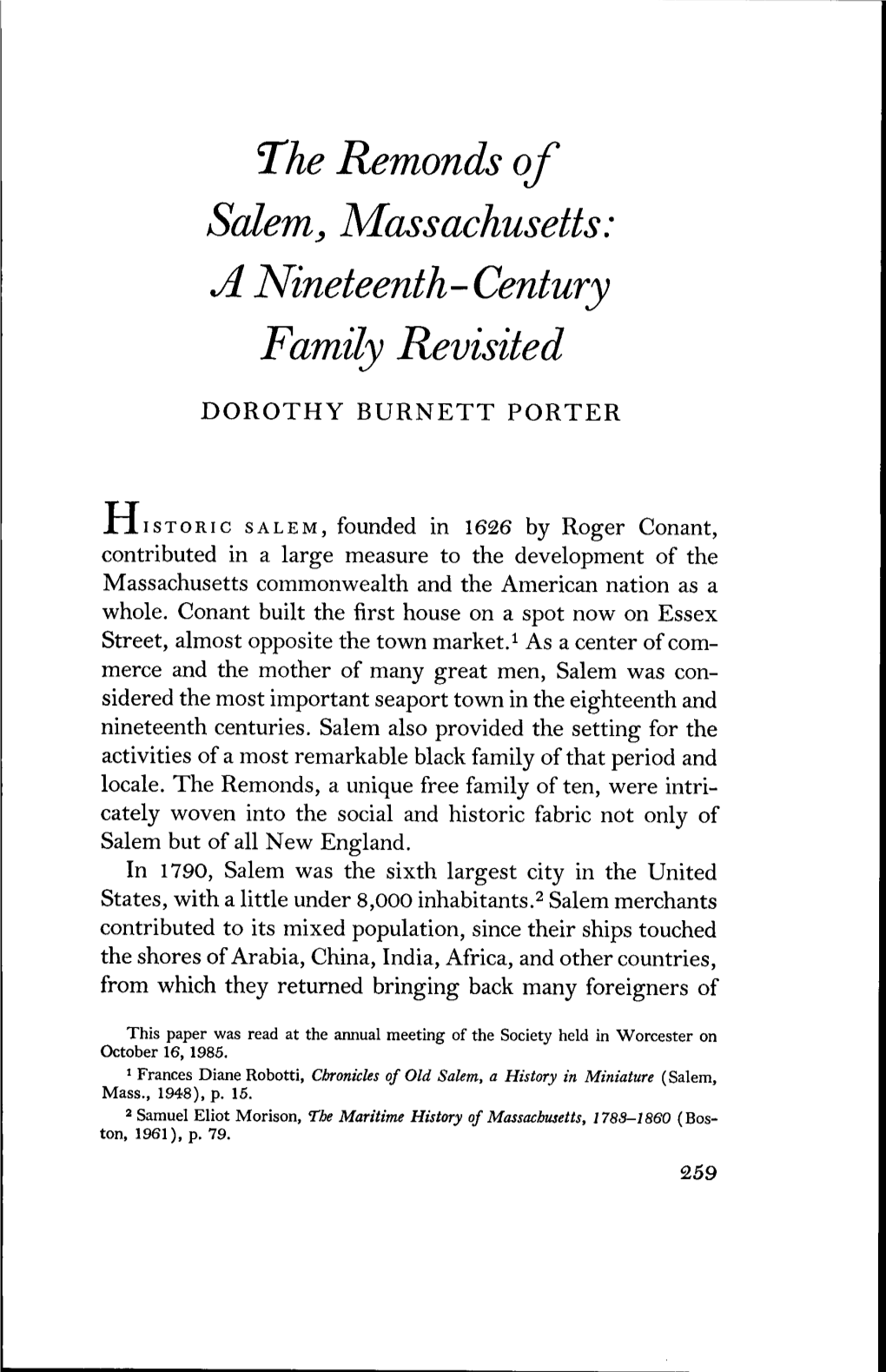 Remonds of Salem^ Massachusetts: a Nineteenth-Century Family Revisited