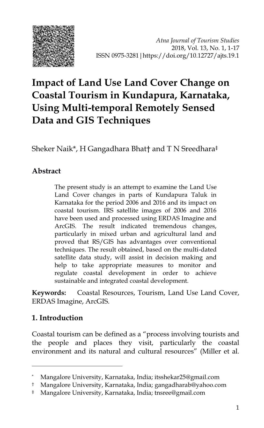 Impact of Land Use Land Cover Change on Coastal Tourism in Kundapura, Karnataka, Using Multi-Temporal Remotely Sensed Data and GIS Techniques