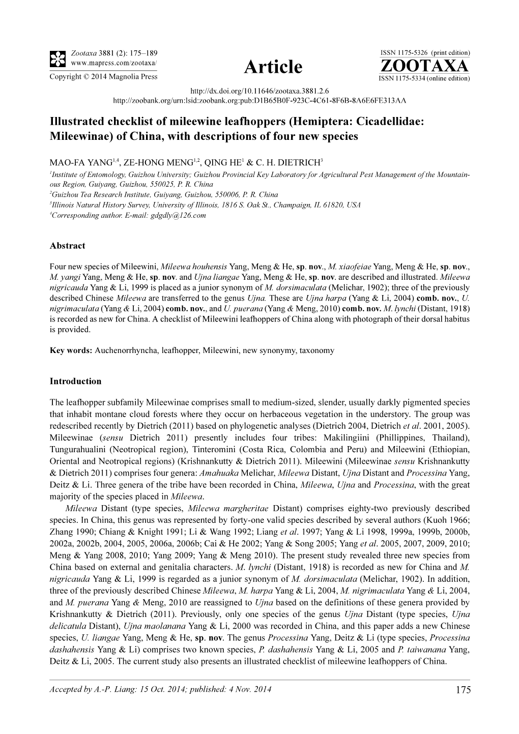 Illustrated Checklist of Mileewine Leafhoppers (Hemiptera: Cicadellidae: Mileewinae) of China, with Descriptions of Four New Species