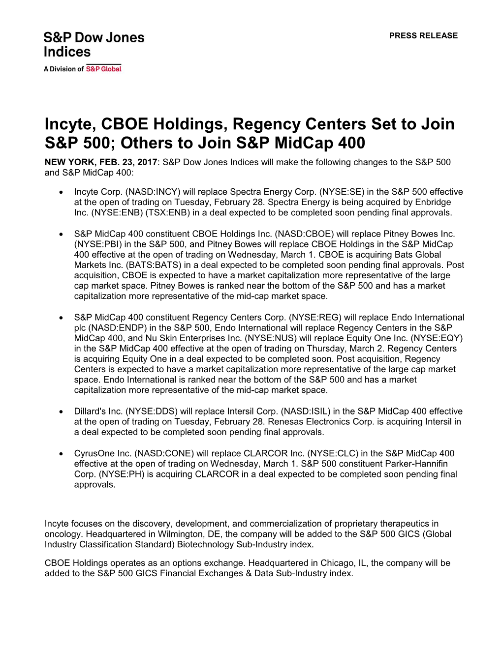 Incyte, CBOE Holdings, Regency Centers Set to Join S&P 500