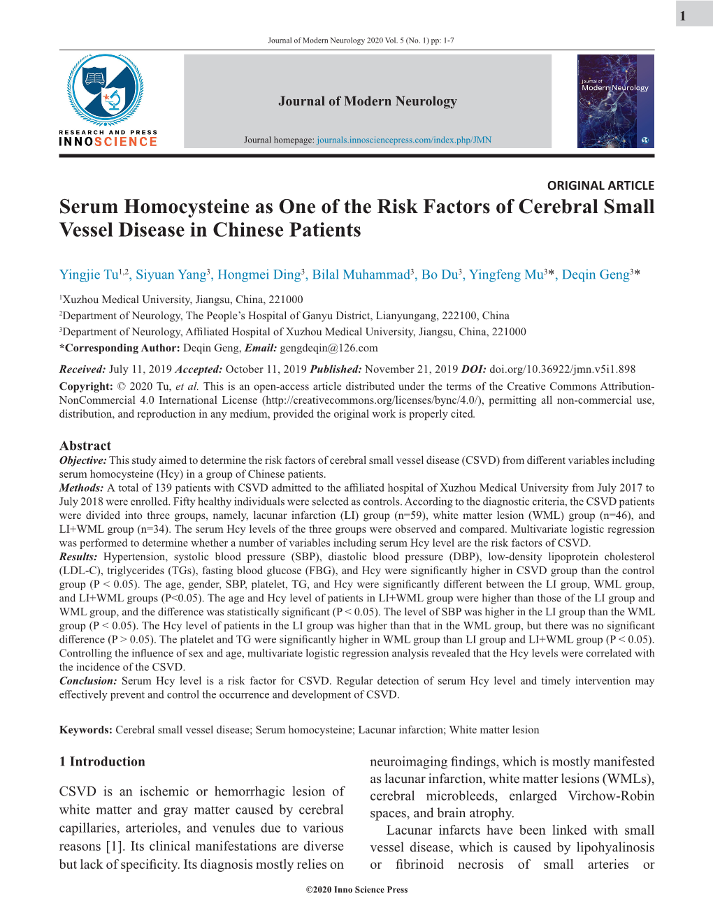 Serum Homocysteine As One of the Risk Factors of Cerebral Small Vessel Disease in Chinese Patients