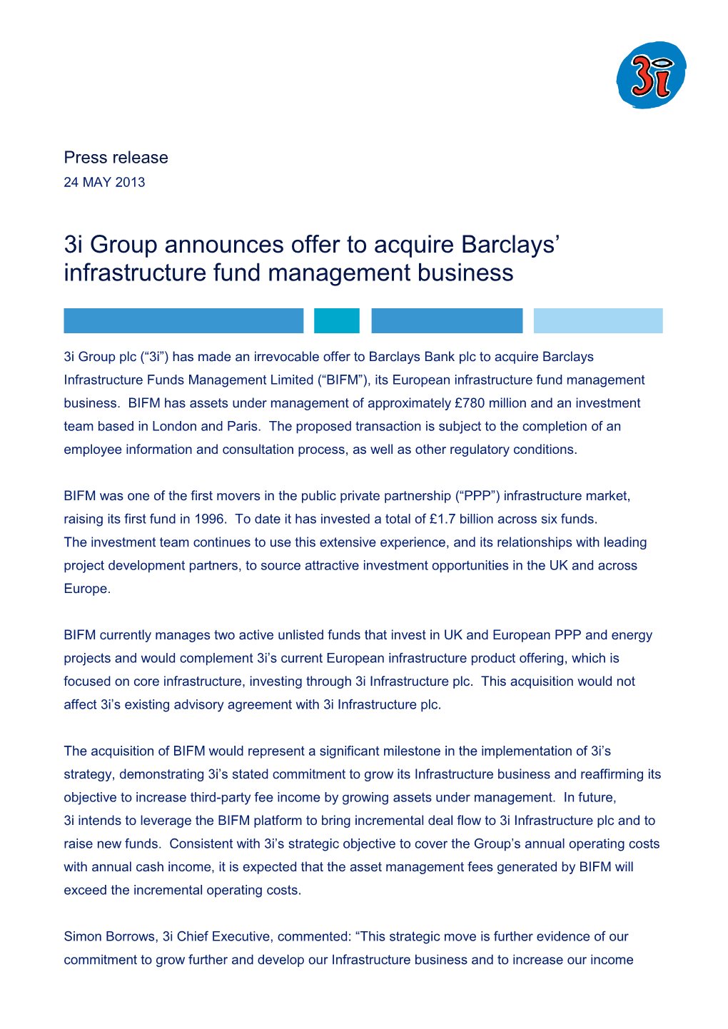 3I Group Announces Offer to Acquire Barclays' Infrastructure Fund