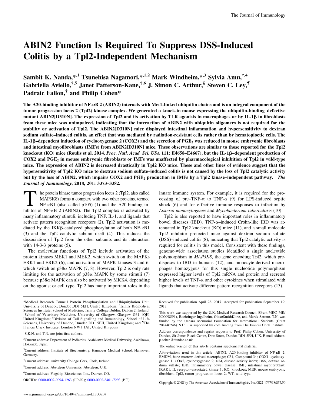 ABIN2 Function Is Required to Suppress DSS-Induced Colitis by a Tpl2-Independent Mechanism