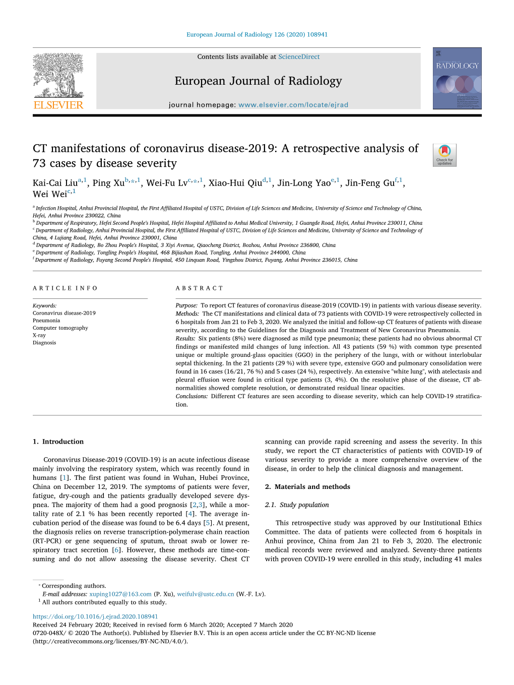 CT Manifestations of Coronavirus Disease-2019: a Retrospective Analysis of 73 Cases by Disease Severity T