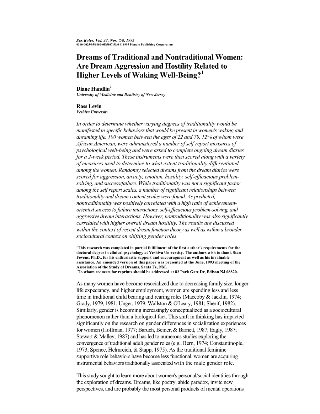 Dreams of Traditional and Nontraditional Women: Are Dream Aggression and Hostility Related to Higher Levels of Waking Well-Being?1
