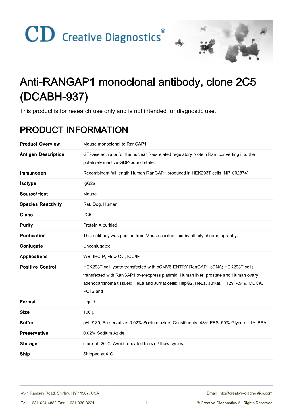 Anti-RANGAP1 Monoclonal Antibody, Clone 2C5 (DCABH-937) This Product Is for Research Use Only and Is Not Intended for Diagnostic Use