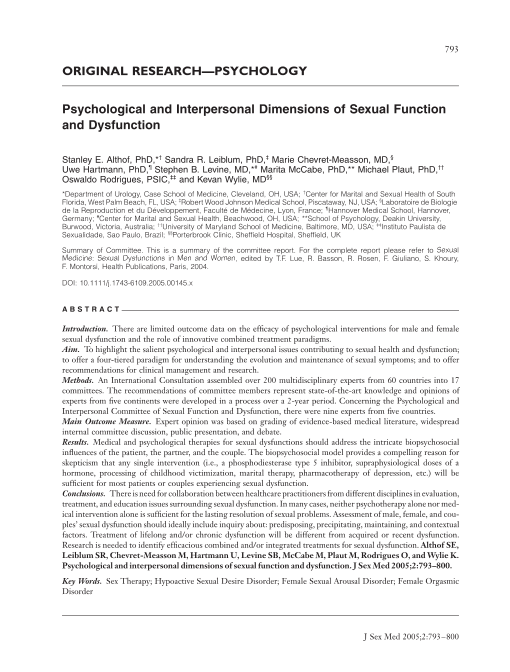 Psychological and Interpersonal Dimensions of Sexual Function and Dysfunction