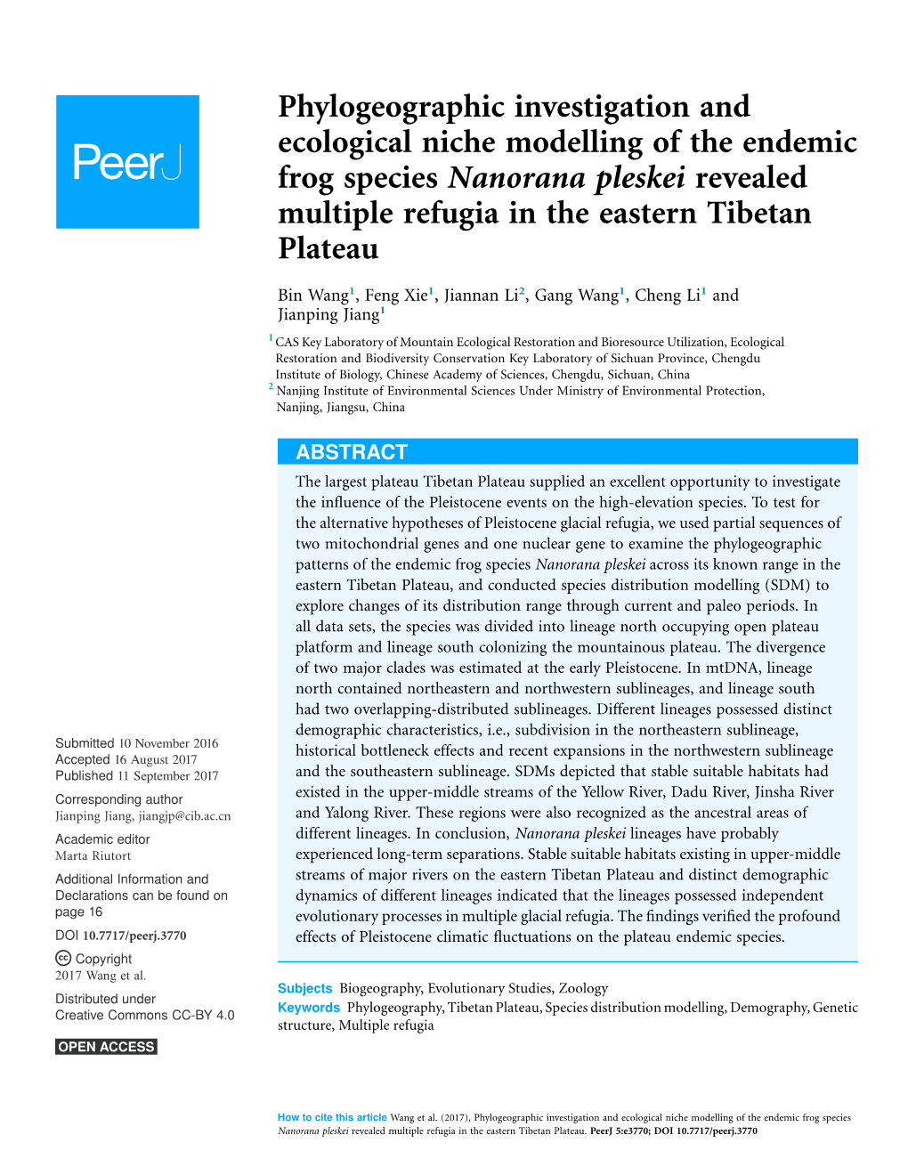 Phylogeographic Investigation and Ecological Niche Modelling of the Endemic Frog Species Nanorana Pleskei Revealed Multiple Refugia in the Eastern Tibetan Plateau