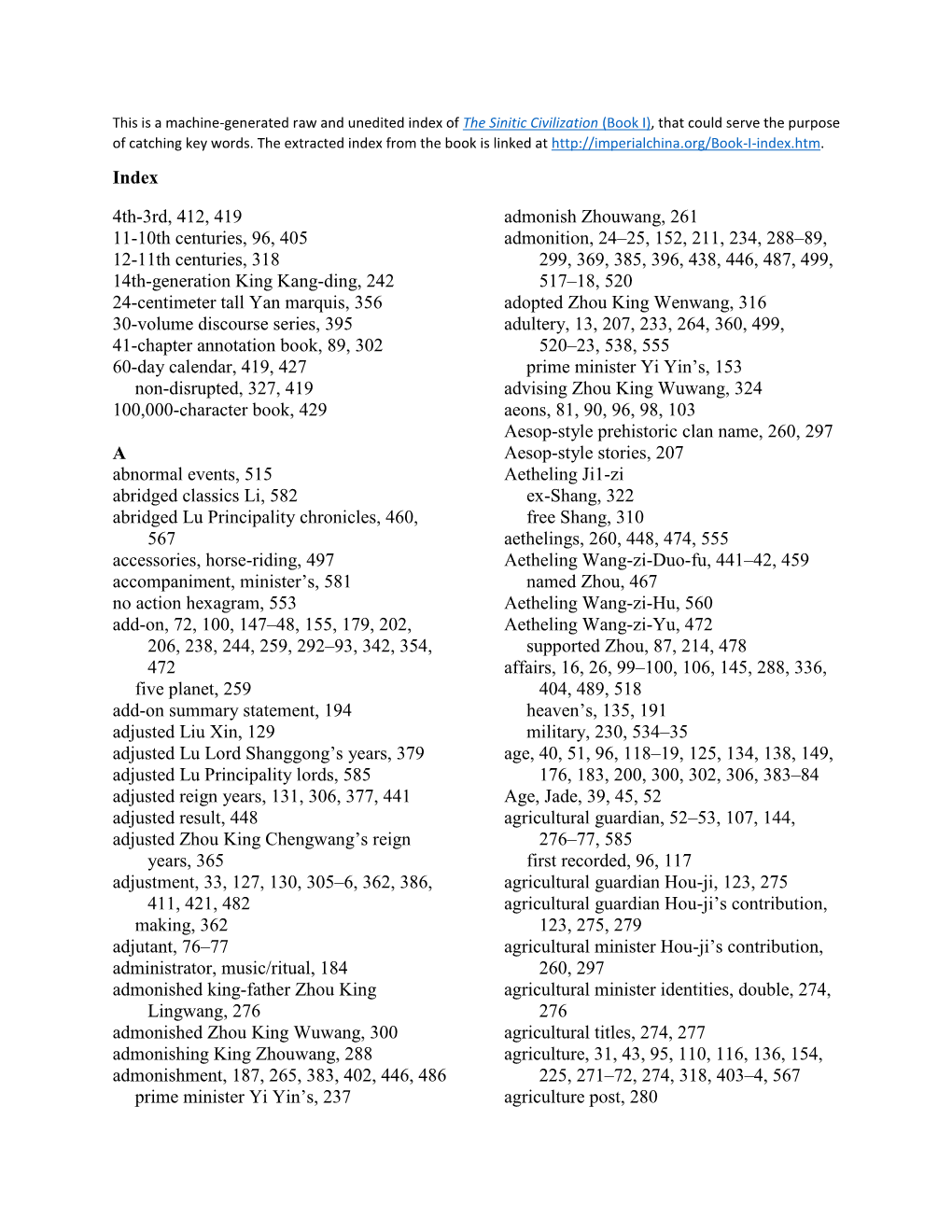 Raw and Unedited Index of the Sinitic Civilization (Book I), That Could Serve the Purpose of Catching Key Words