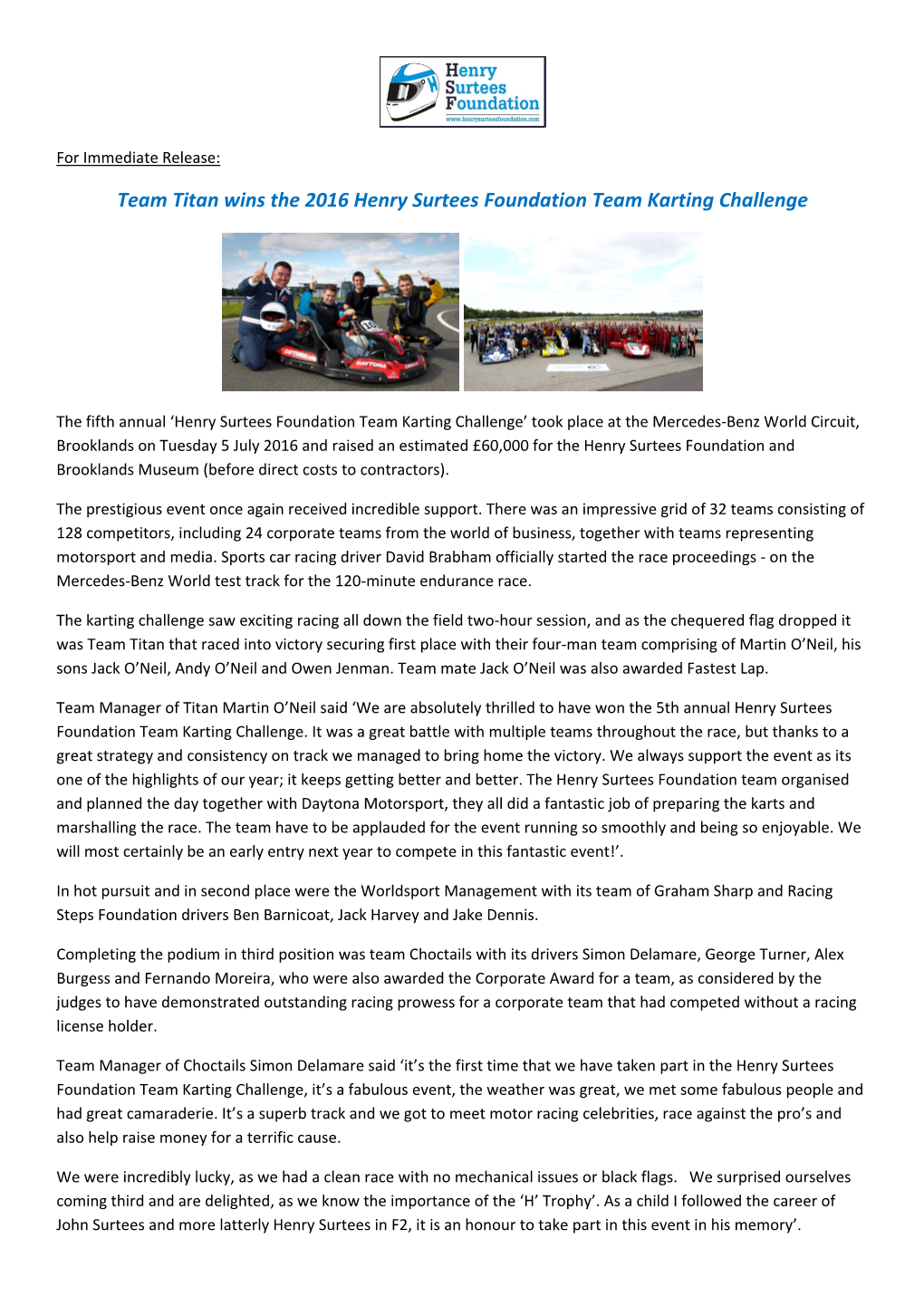Team Titan Wins the 2016 Henry Surtees Foundation Team Karting Challenge