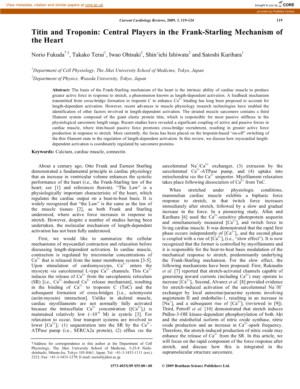 Titin and Troponin: Central Players in the Frank-Starling Mechanism of the Heart