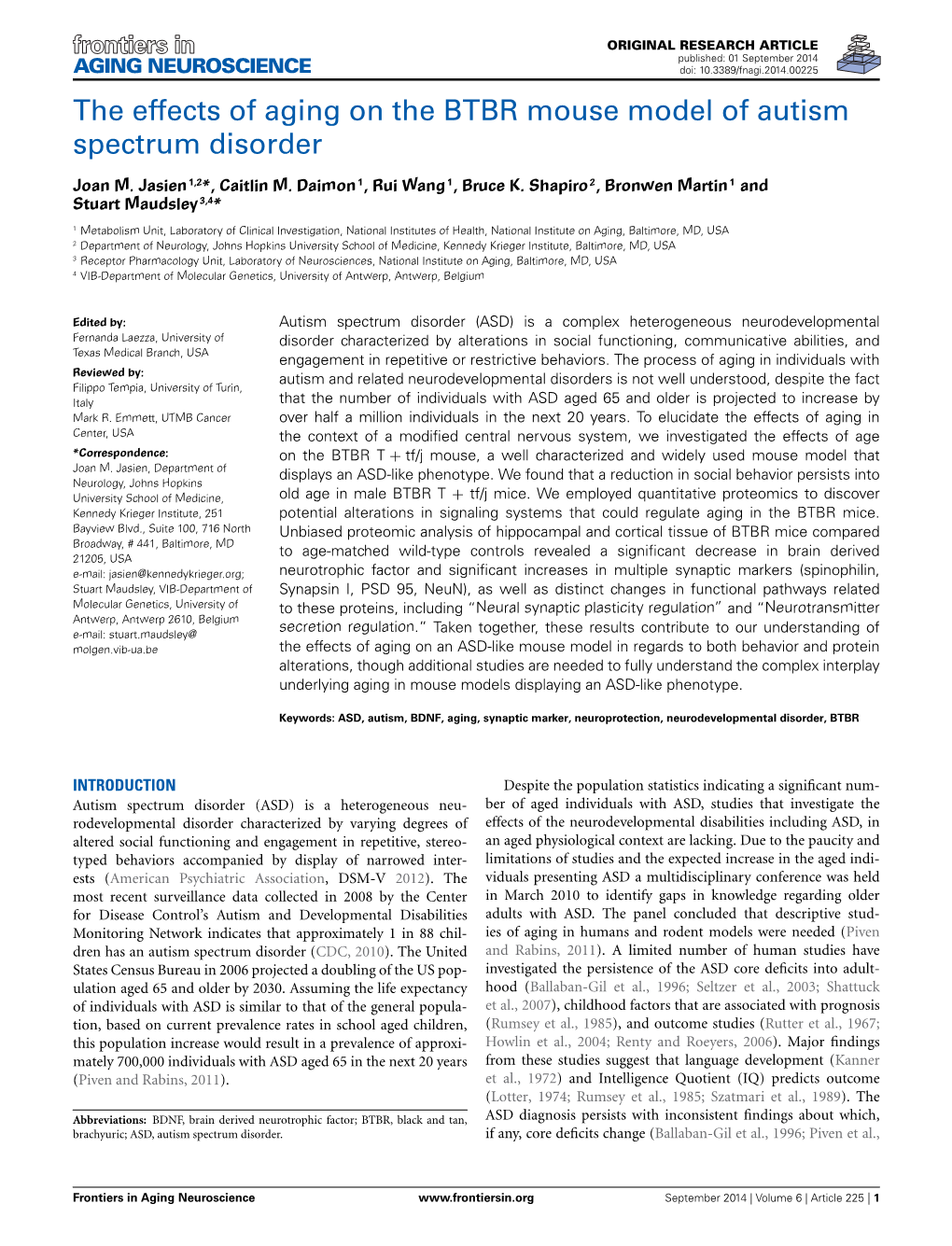 The Effects of Aging on the BTBR Mouse Model of Autism Spectrum Disorder