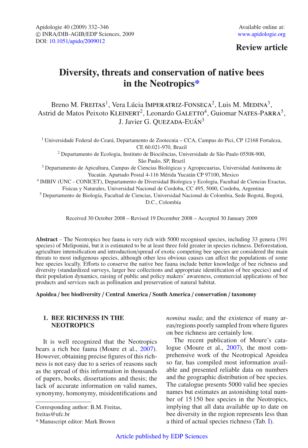 Diversity, Threats and Conservation of Native Bees in the Neotropics*