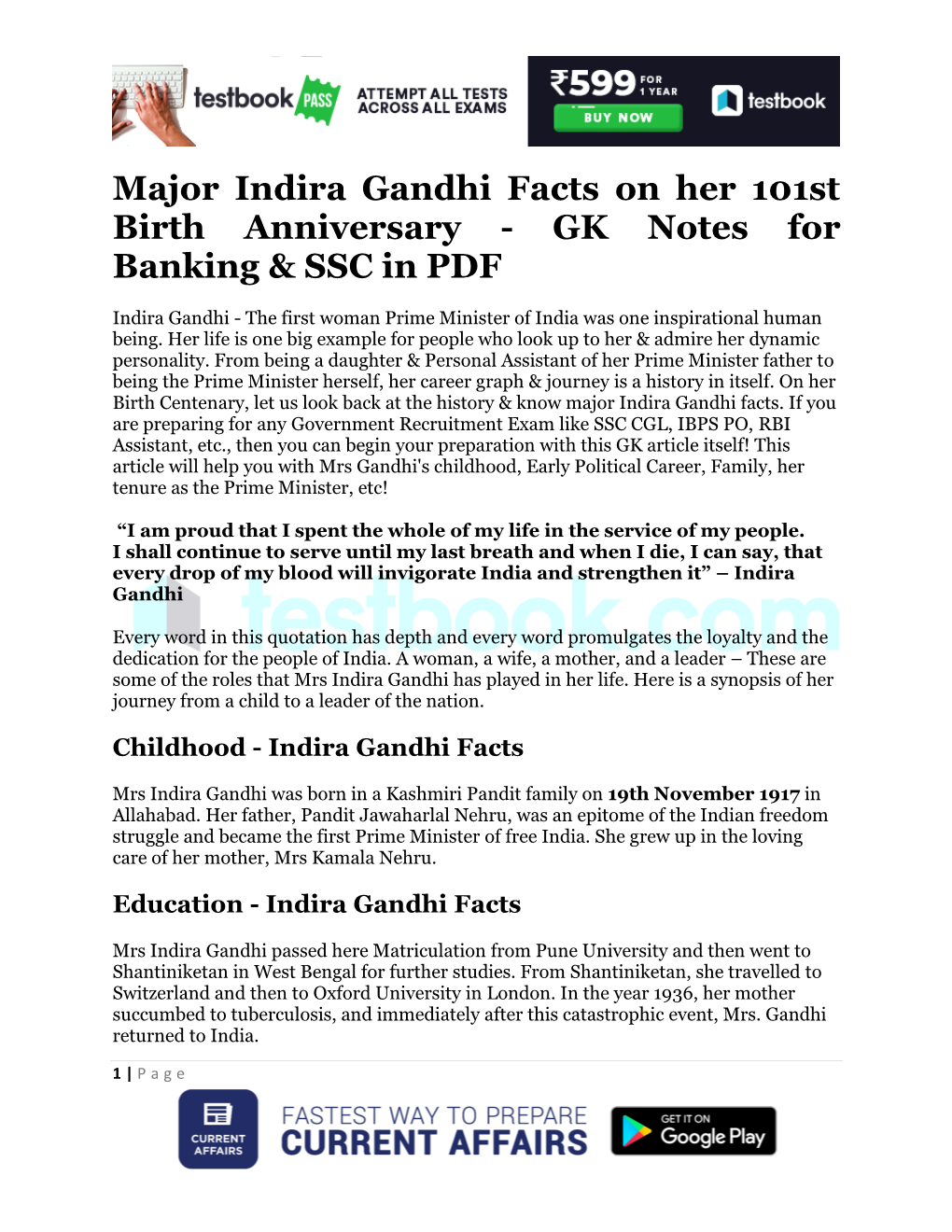 Major Indira Gandhi Facts on Her 101St Birth Anniversary - GK Notes for Banking & SSC in PDF