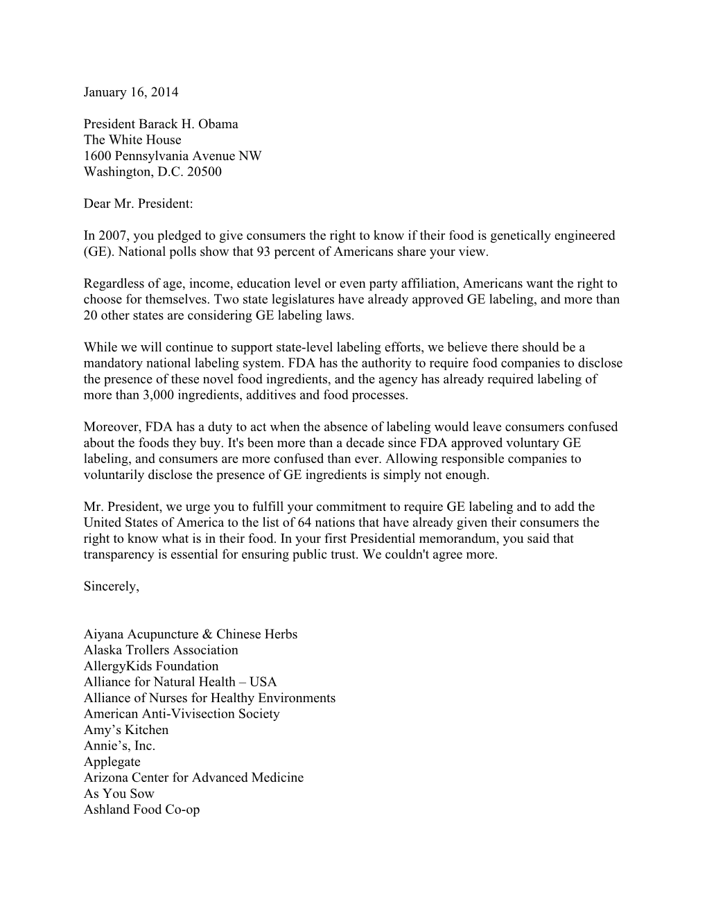 GE Letter to President Obama