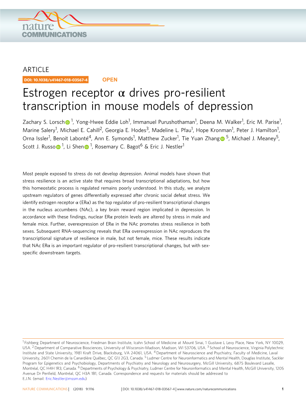 Estrogen Receptor Î± Drives Pro-Resilient Transcription in Mouse
