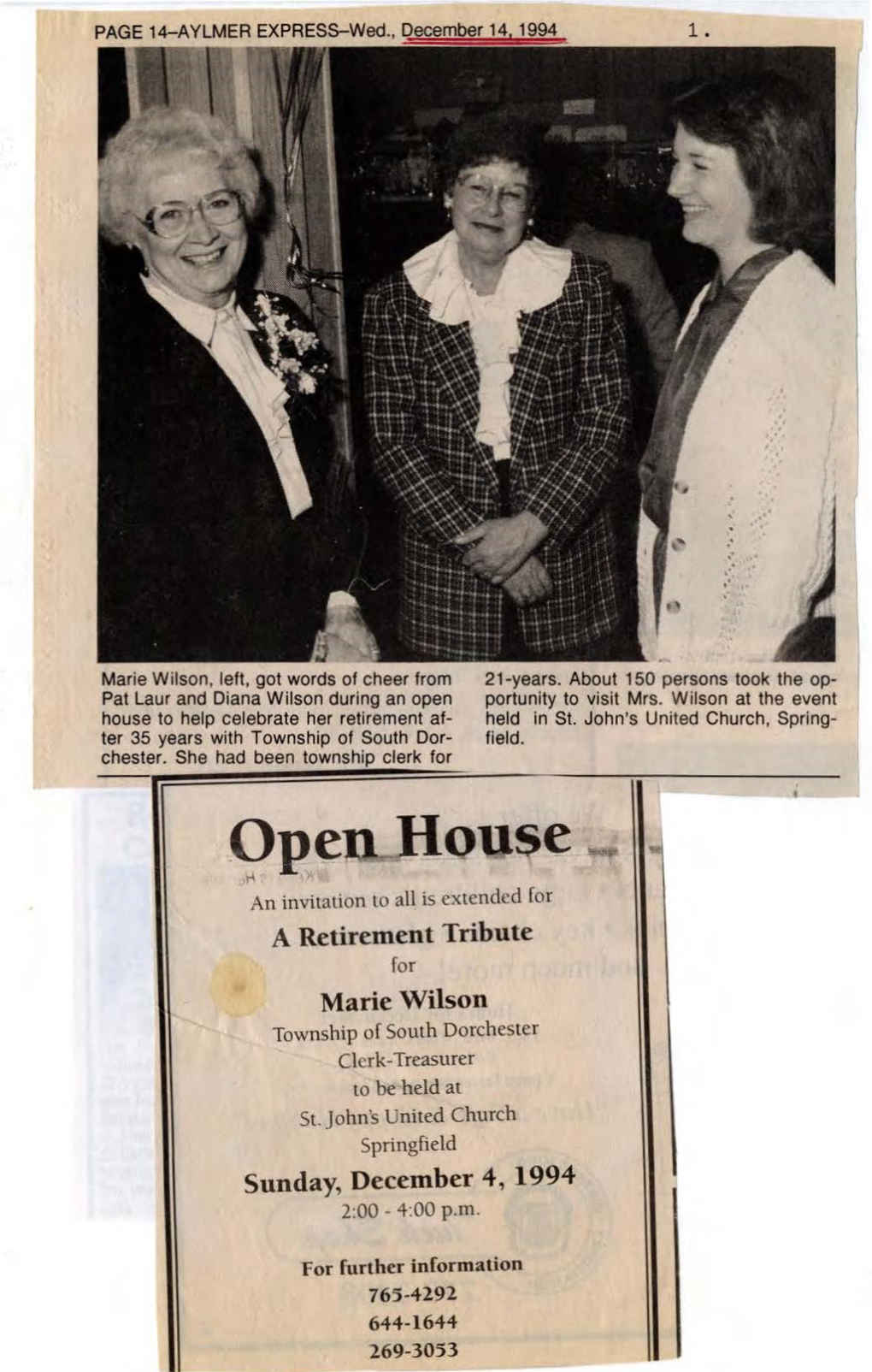 Open.Jiouse ~ an Invitation to All Is Extended for a Retirement Tribute for Marie Wilson Township of South Dorchester Clerk-Treasurer to Be Held at St