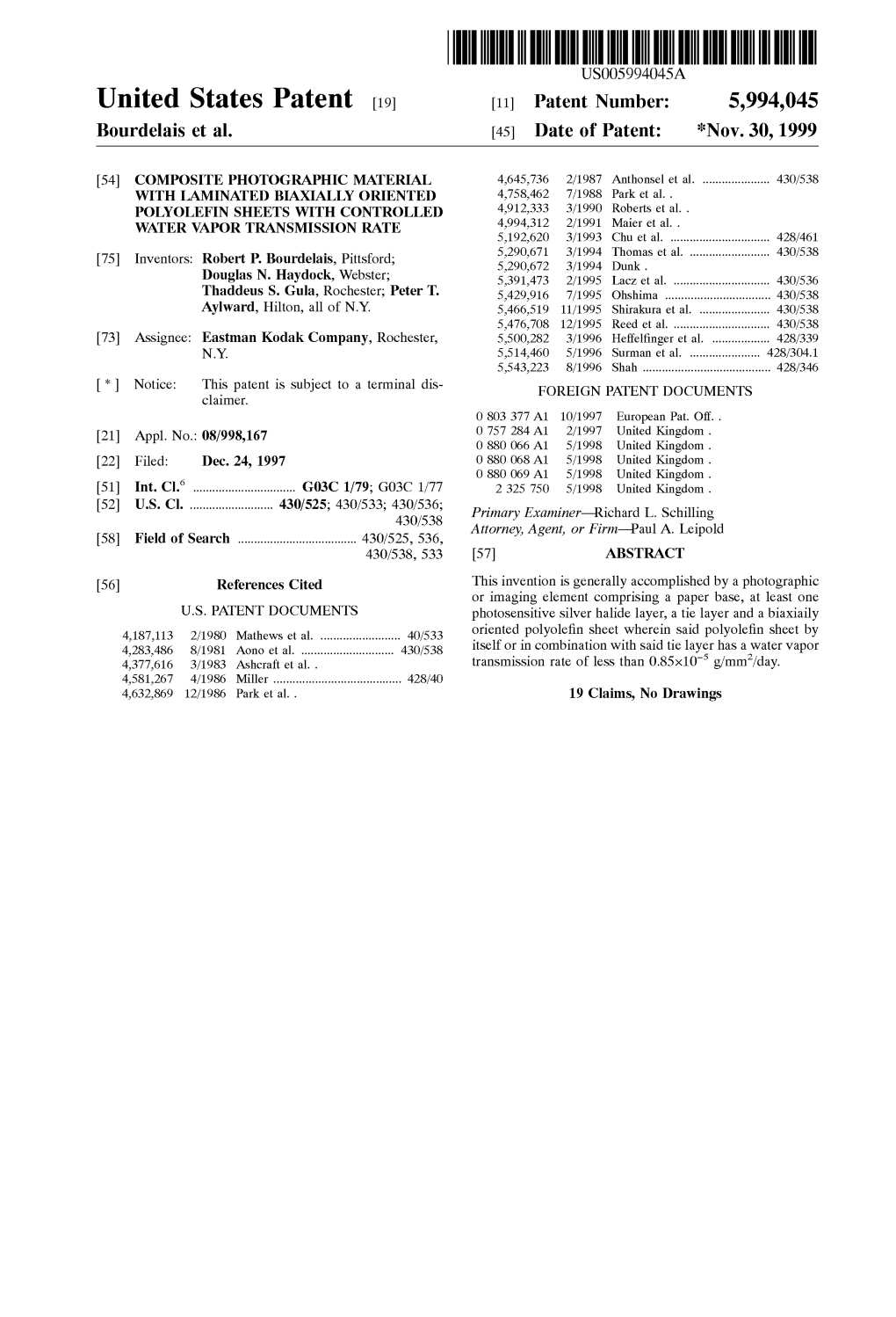 United States Patent (19) 11 Patent Number: 5,994,045 Bourdelais Et Al
