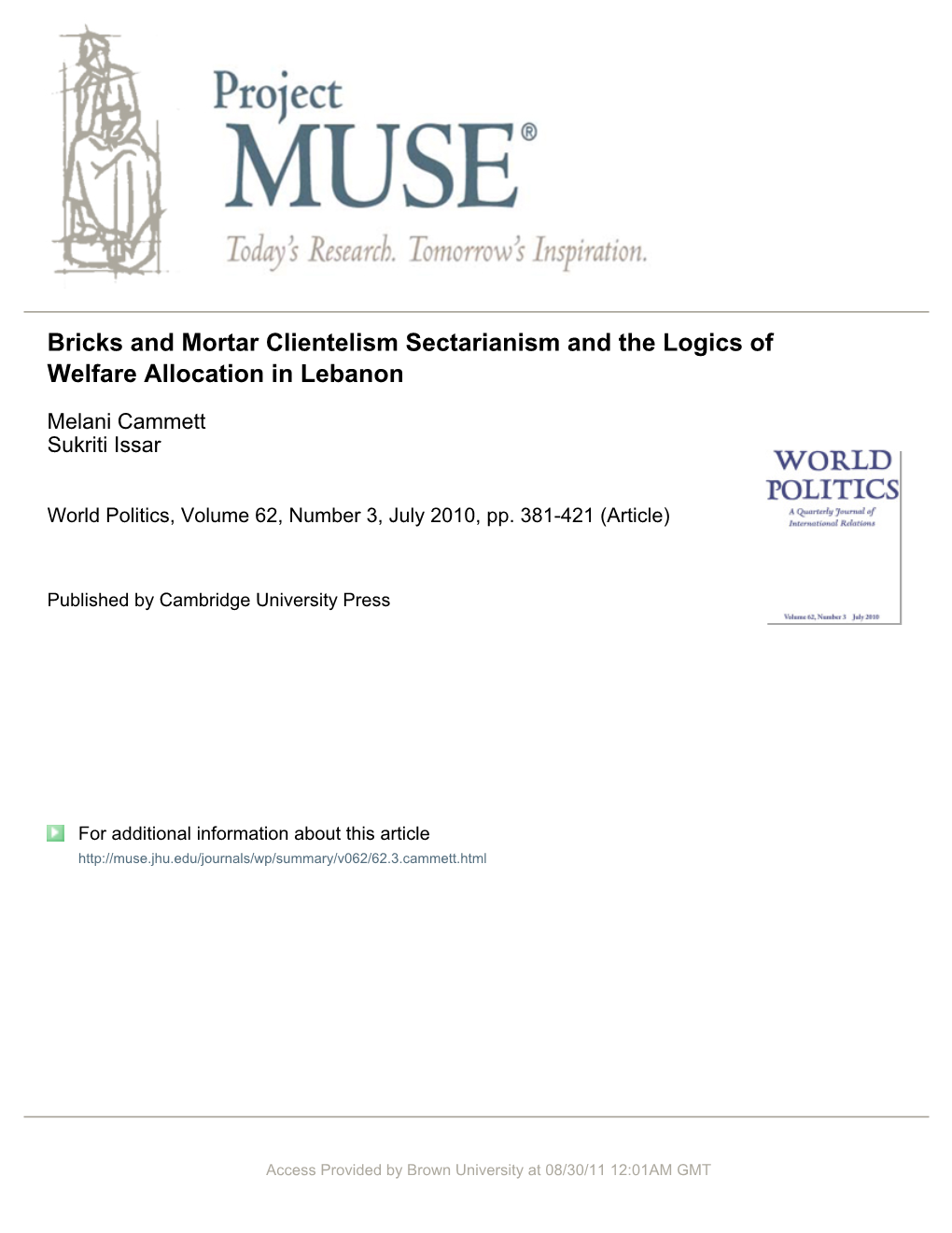 Bricks and Mortar Clientelism Sectarianism and the Logics of Welfare Allocation in Lebanon