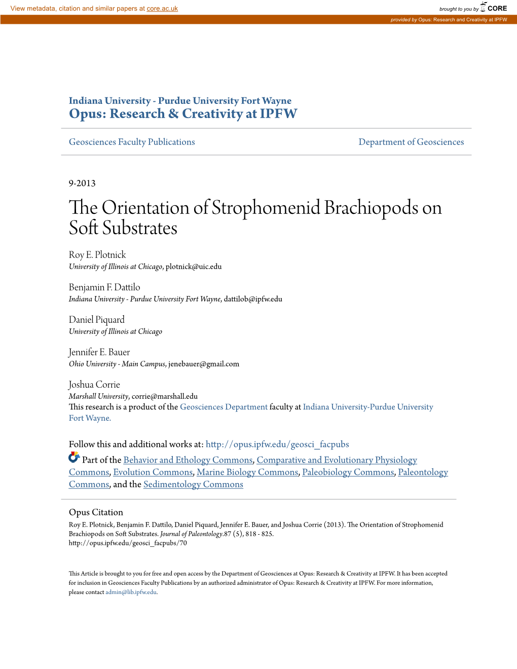 The Orientation of Strophomenid Brachiopods on Soft Substrates 1 2 1 3 4 Roy E