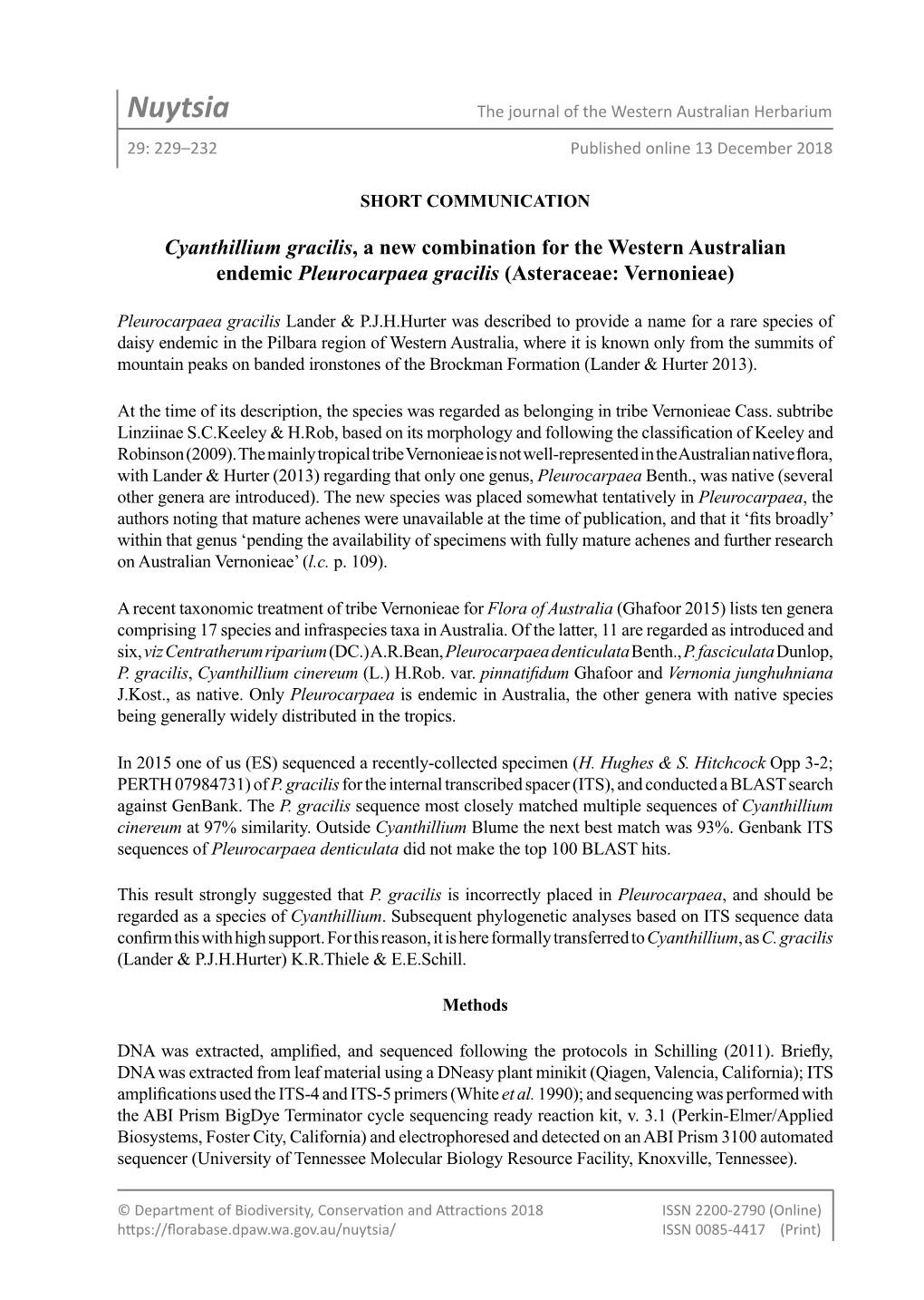 Nuytsia the Journal of the Western Australian Herbarium 29: 229–232 Published Online 13 December 2018
