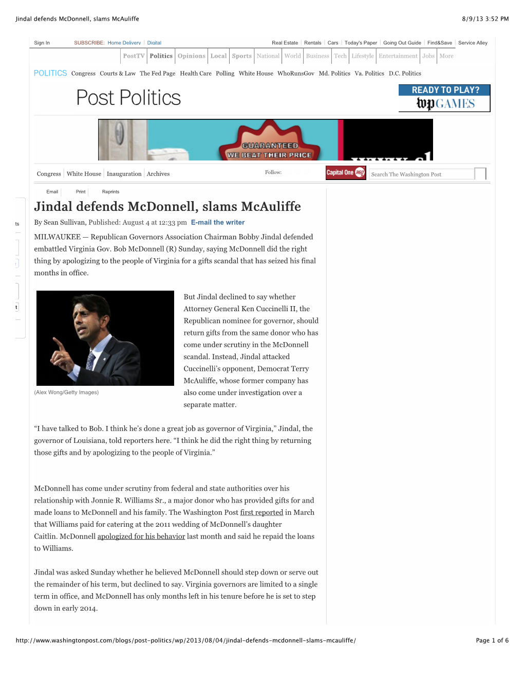 Jindal Defends Mcdonnell, Slams Mcauliffe 8/9/13 3:52 PM