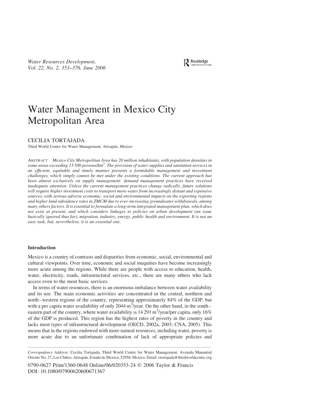 Water Management in Mexico City Metropolitan Area