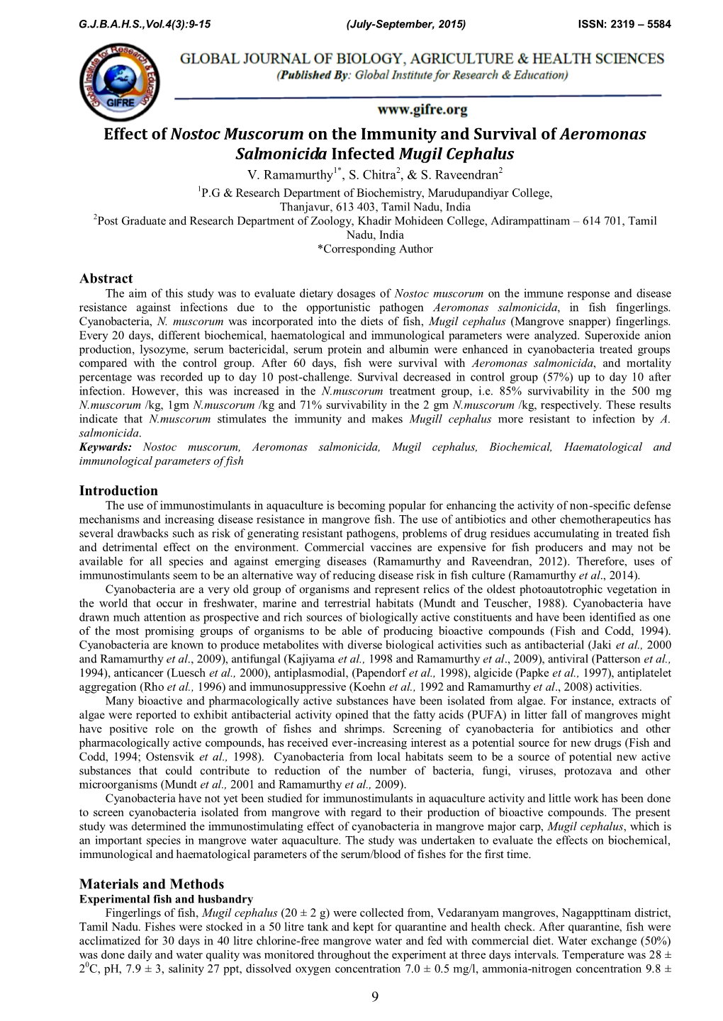 Effect of Nostoc Muscorum on the Immunity and Survival of Aeromonas Salmonicida Infected Mugil Cephalus V