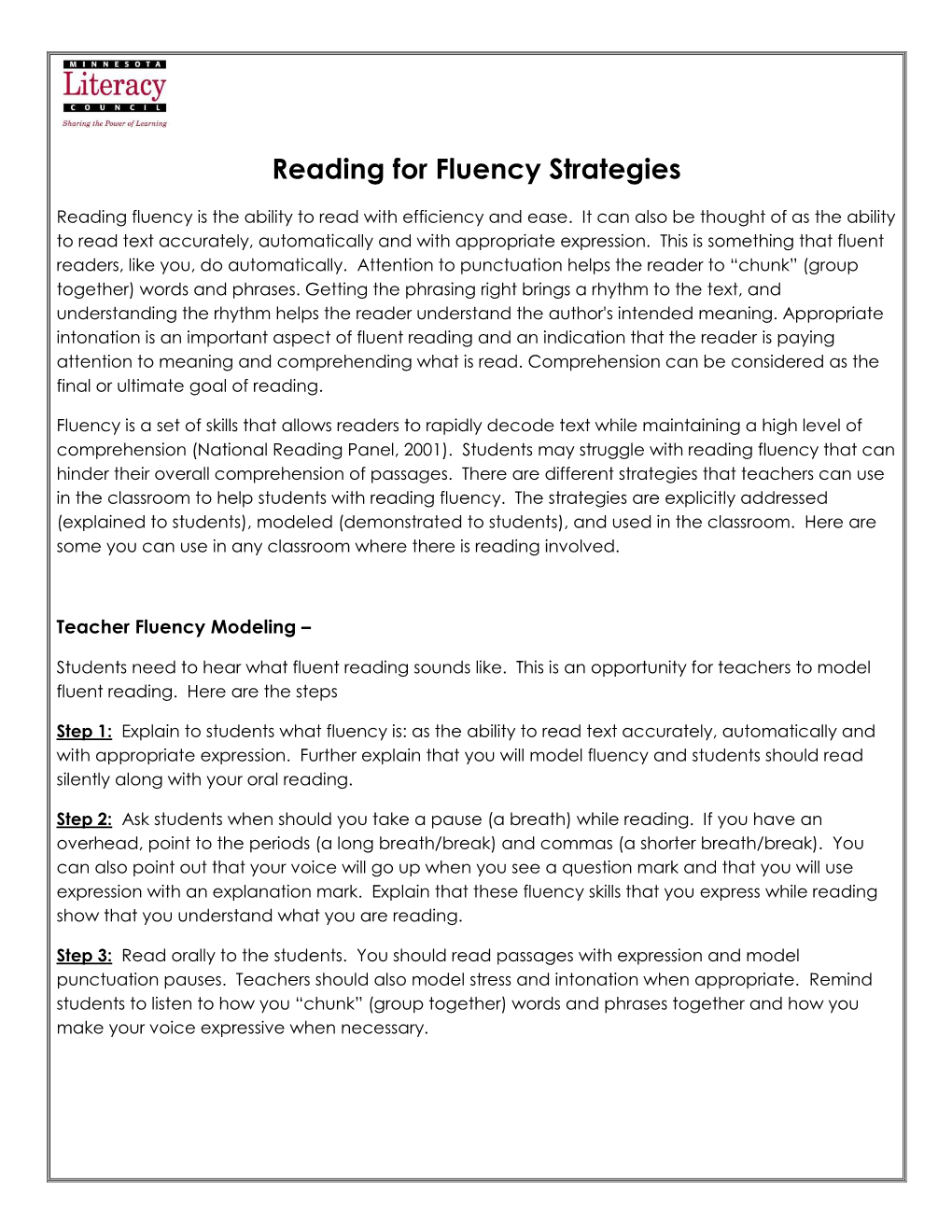 Reading for Fluency Strategies