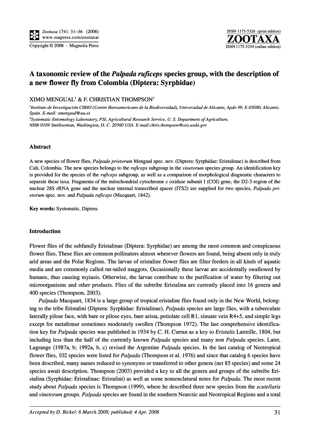 Zootaxa, a Taxonomic Review of the Palpada Ruficeps Species Group